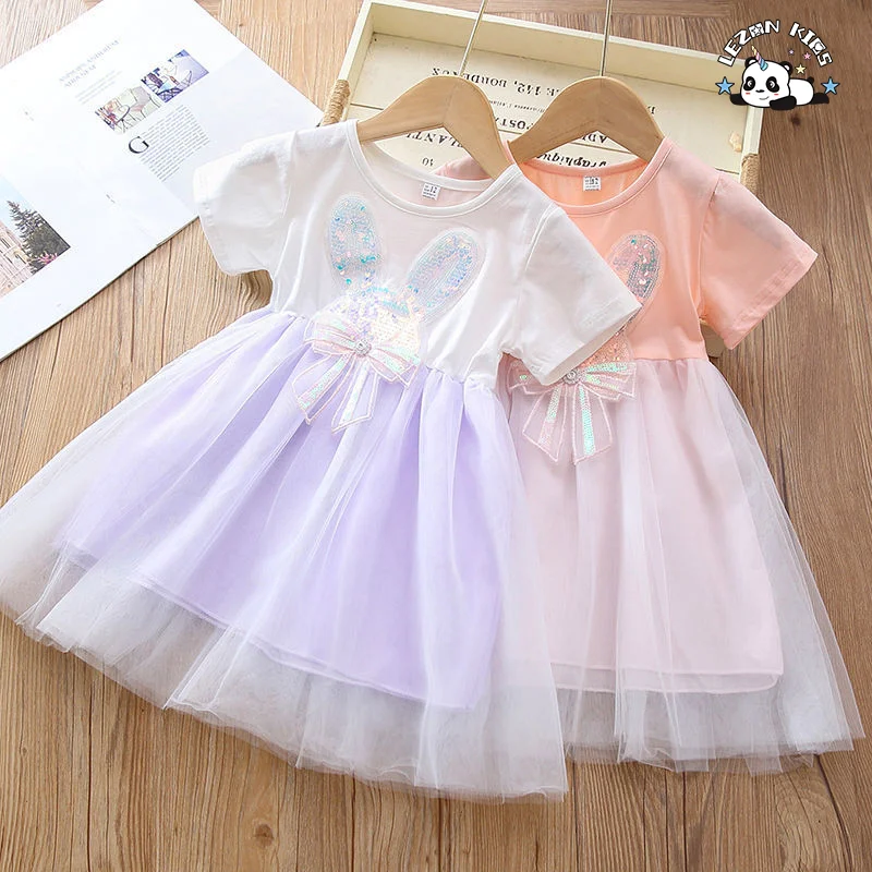 LEZONKIDS - Customizable Hot Selling Short Sleeved Fresh Dress Sequin Embroidered Rabbit Ears Mesh Daily Life Girls Dress